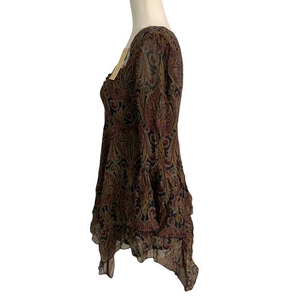 Michael Kors Womens Blouse Small Brown Midnight Paisley Taupe Silk Bell Sleeve - Picture 3 of 12